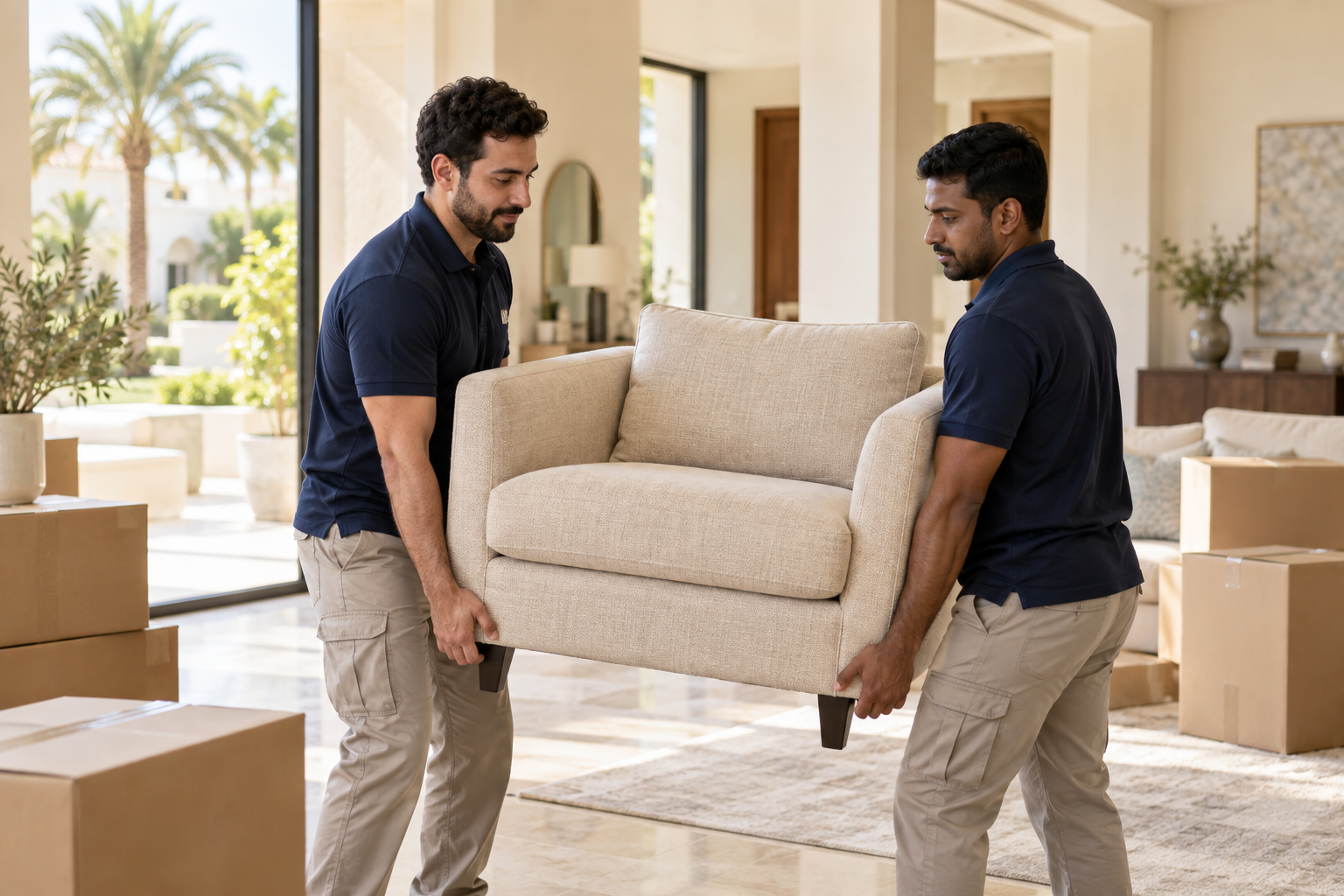Professional movers carefully carrying an armchair in a bright home